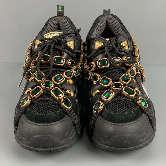 GUCCI Black Green Beaded Nylon Lace Up Sneakers - Picture 4 of 8
